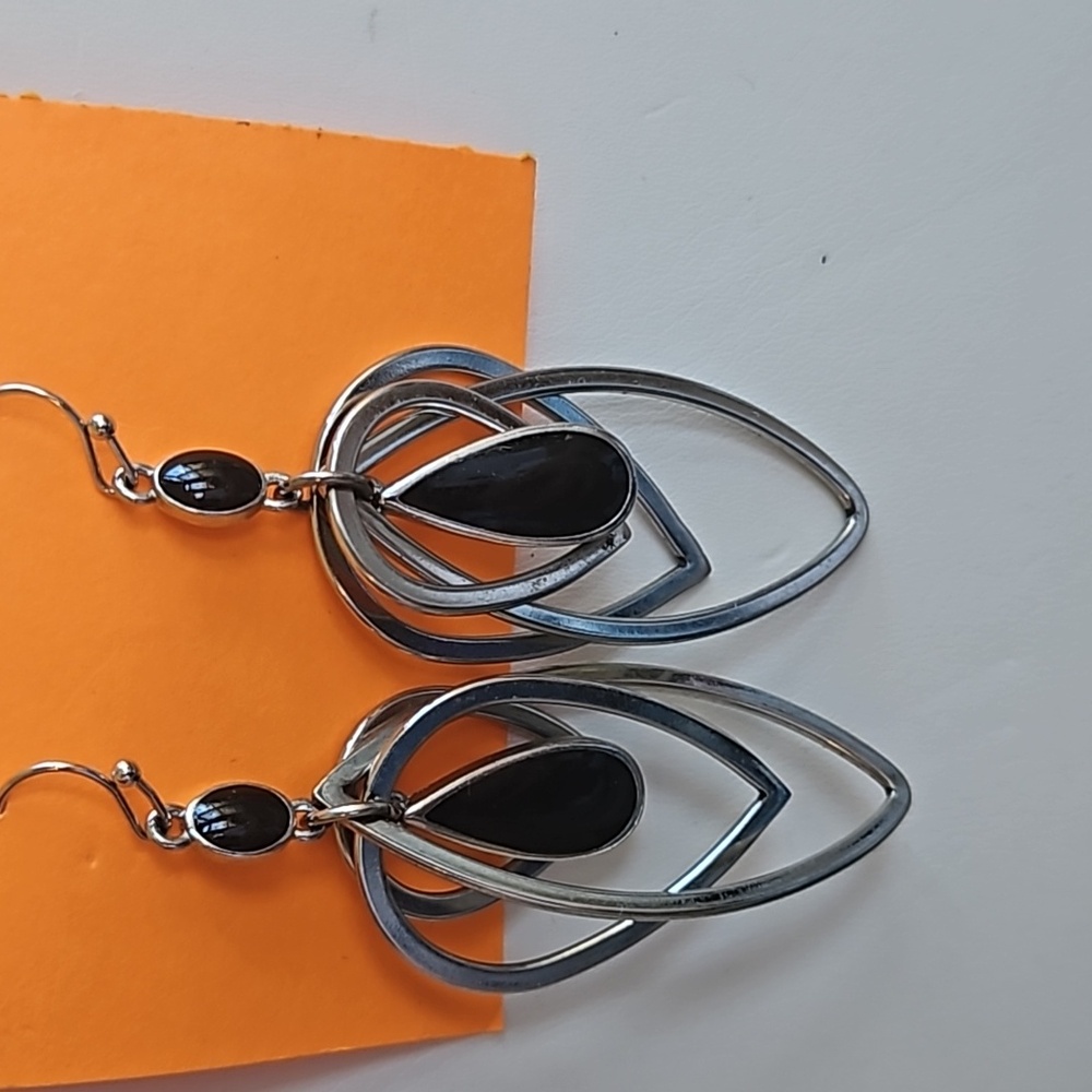 Silvertone and black fishhook dangle earrings
